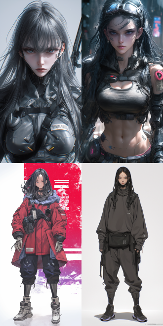 semi-realistic photo, in anime cgi style. an character resembling no.18 from dragon ball with long flowing black hair. dressed in extremely cool cyberpunk sci-fi equipment and clothing.