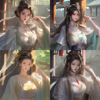 xianxia style theme. the main subject is a woman from zhu xian. she has silky black hair and is wearing exquisite ancient clothing. her figure is graceful. one hand is on the waist. her facial features are delicate. the background is an antique chinese courtyard. the picture is ultra-realistic with extremely exquisite details.