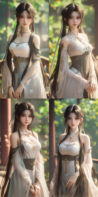 xianxia style theme. the main subject is bìyáo from zhu xian. she has silky black hair ，长长的双马尾 and is wearing exquisite ancient clothing. her figure is graceful. one hand is on her waist. her hands and fingers are healthy. her facial features are delicate. the background is an antique chinese courtyard with rich colors. heavy painting, unreal engine, 3d oc renderer. the picture is ultra-realistic with extremely exquisite details.,,in clothes,,in clothes