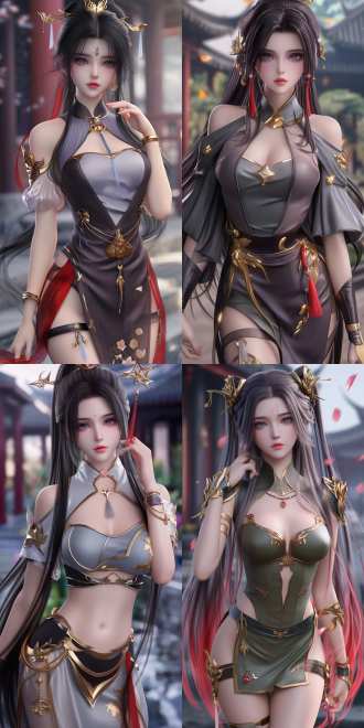 xianxia style theme. the main subject is bìyáo from zhu xian. she has black hair, long twin ponytails, and is wearing a green exquisite noblewoman's outfit，her figure is graceful. one hand is on her waist. her hands and fingers are healthy. her facial features are delicate. the background is an antique chinese courtyard with rich colors. anime cgi. unreal engine, 3d oc renderer. the picture is ultra-realistic with extremely exquisite details.