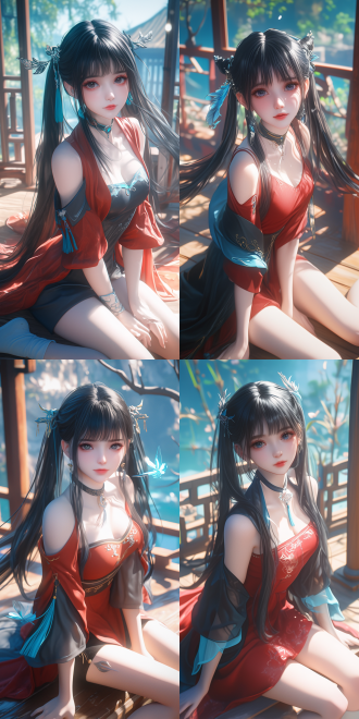 xianxia style theme. biyao from zhu xian. black long hair in twin ponytails, dressed in richly colored and extremely exquisite ancient deep clothing, an ancient leather short skirt and white socks. her figure is graceful, gracefully kneeling and sitting with one hand on leg. her hands and fingers are healthy. delicate makeup. antique chinese courtyard as background with vibrant colors. 中国古风，unreal engine, 3d oc renderer, ultra-realistic picture with extremely exquisite details and real skin texture. top side backlighting, creating high contrast between light and dark. high-quality shadows. ultra-high resolution.