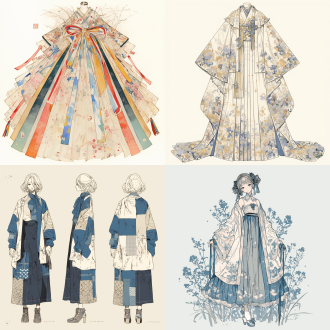 服装设计图，襦裙，花纹精美，色彩淡雅，无模特