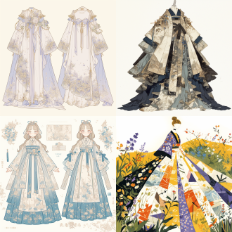 服装设计图，襦裙，花纹精美，色彩淡雅，无模特