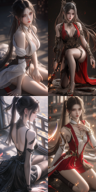 xianxia style theme. biyao from zhu xian. black long hair in twin ponytails, dressed in richly colored and extremely exquisite 儒裙，外披薄衫. her figure is graceful, gracefully kneeling and sitting with one hand on her leg. her hands and fingers are healthy, her facial features are delicat. the background is an antique chinese courtyard with vibrant colors. anime, unreal engine, 3d oc renderer, ultra-realistic image with extremely exquisite details and realistic skin texture. top-side backlighting, creating high contrast between light and dark. high-quality shadows. ultra-high resolution,