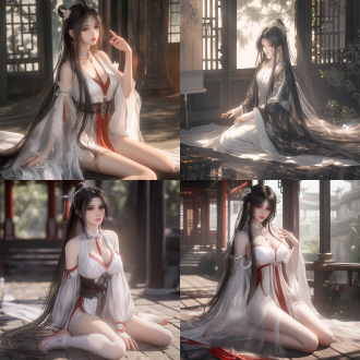xianxia style theme. biyao from zhu xian. black long hair in twin ponytails, dressed in richly colored and extremely exquisite 儒裙，外披薄衫. her figure is graceful, gracefully kneeling and sitting with one hand on her leg. her hands and fingers are healthy, her facial features are delicat. the background is an antique chinese courtyard with vibrant colors. anime, unreal engine, 3d oc renderer, ultra-realistic image with extremely exquisite details and realistic skin texture. top-side backlighting, creating high contrast between light and dark. high-quality shadows. ultra-high resolution,