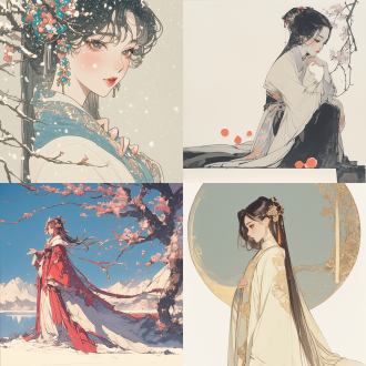 一幅美丽艺术插画， xianxia style theme. lu xueqi from zhu xian. long straight black hair. dressed in richly colored and extremely exquisite confucian-style robes with a light-colored cloak. elegant and dignified figure. healthy hands and fingers. delicate facial features. landscape painting scroll as background with falling peach blossoms. perspective view. ink painting, the picture with extremely exquisite details. rich color. side backlighting. high contrast between light and dark. high-quality shadows.