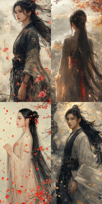 一幅美丽数字插画， xianxia style theme. lu xueqi from zhu xian. long straight black hair. dressed in richly colored and extremely exquisite confucian-style robes with a light-colored cloak. elegant and dignified figure. healthy hands and fingers. delicate facial features. landscape painting scroll as background with falling peach blossoms. perspective view. ink painting, the picture with extremely exquisite details. rich color. side backlighting. high contrast between light and dark. high-quality shadows.