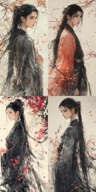 一幅美丽的动漫水墨艺术画， xianxia style theme. lu xueqi from zhu xian. long straight black hair. dressed in richly colored and extremely exquisite confucian-style robes with a light-colored cloak. elegant and dignified figure. healthy hands and fingers. delicate facial features. landscape painting scroll as background with falling peach blossoms. perspective view. ink painting, the picture with extremely exquisite details. rich color. side backlighting. high contrast between light and dark. high-quality shadows.