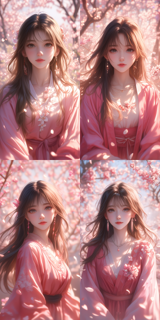 一幅美丽的动漫cg 艺术照片， xianxia style theme. lu xueqi from zhu xian. long straight black hair. dressed in richly colored and extremely exquisite confucian-style robes with a light-colored cloak. elegant and dignified figure. healthy hands and fingers. delicate facial features. landscape painting scroll as background with falling peach blossoms. perspective view. ink painting, the picture with extremely exquisite details. rich color. side backlighting. high contrast between light and dark. high-quality shadows.