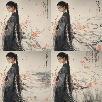 一幅美丽的动漫水墨艺术画， xianxia style theme. lu xueqi from zhu xian. long straight black hair. dressed in richly colored and extremely exquisite confucian-style robes with a light-colored cloak. elegant and dignified figure. healthy hands and fingers. delicate facial features. landscape painting scroll as background with falling peach blossoms. perspective view. ink painting, the picture with extremely exquisite details. rich color. side backlighting. high contrast between light and dark. high-quality shadows.