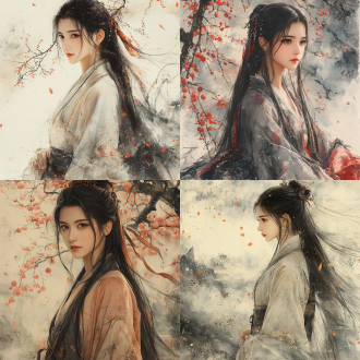 一幅美丽的 cgi 水墨艺术画， xianxia style theme. lu xueqi from zhu xian. long straight black hair. dressed in richly colored and extremely exquisite confucian-style robes with a light-colored cloak. elegant and dignified figure. healthy hands and fingers. delicate facial features. landscape painting scroll as background with falling peach blossoms. perspective view. the picture with extremely exquisite details. rich color. side backlighting. high contrast between light and dark. high-quality shadows.