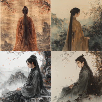 一幅淡雅的 cgi 水墨画， xianxia style theme. lu xueqi from zhu xian. long straight black hair. dressed in richly colored and extremely exquisite confucian-style robes with a light-colored cloak. elegant and dignified figure. healthy hands and fingers. delicate facial features. landscape painting scroll as background with falling peach blossoms. perspective view. the picture with extremely exquisite details. rich color. 强烈光照 . backlighting. high contrast between light and dark. high-quality shadows.