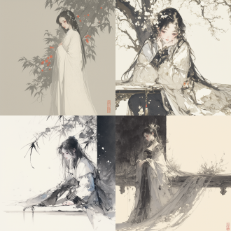 一幅淡雅的 cgi 水墨画， xianxia style theme. lu xueqi from zhu xian. long straight black hair. dressed in richly colored and extremely exquisite confucian-style robes with a light-colored cloak. elegant and dignified figure. healthy hands and fingers. delicate facial features. landscape painting scroll as background with falling peach blossoms. perspective view. the picture with extremely exquisite details. rich color. 强烈光照 . backlighting. high contrast between light and dark. high-quality shadows.