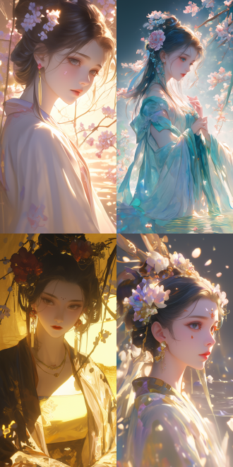 a beautiful rendering of the tang dynasty style. beautiful anime portrait of a woman. she stands in a dreamy scene. surrounded by light. flowers adorn her cheeks. gazing intently at the water surface. wearing a solemn robe. surrounded by soft shadows. the picture is full of drama. there is retro light and warm, bright white light.