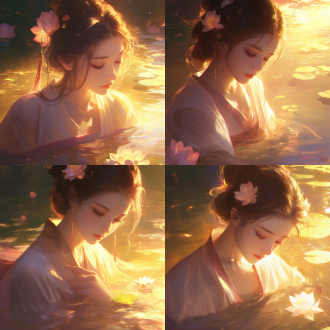 tang dynasty style. beautiful anime portrait of a woman. she stands in a dreamy scene. surrounded by light. flowers adorn her cheeks. gazing intently at the water surface. wearing a solemn robe. surrounded by soft shadows. the picture is full of drama. there is retro light and warm, bright white light.