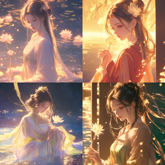 tang dynasty style. beautiful anime portrait of a woman. she stands in a dreamy scene. surrounded by light. flowers adorn her cheeks. gazing intently at the water surface. wearing a solemn robe. surrounded by soft shadows. the picture is full of drama. there is retro light and warm, bright white light.