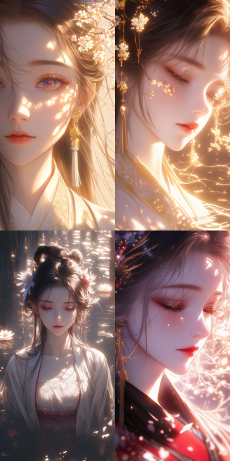 a beautiful rendering of the tang dynasty style. beautiful anime portrait of a woman. she stands in a dreamy scene. surrounded by light. flowers adorn her cheeks. gazing intently at the water surface. wearing a solemn robe. surrounded by soft shadows. the picture is full of drama. there is retro light and warm, bright white light.