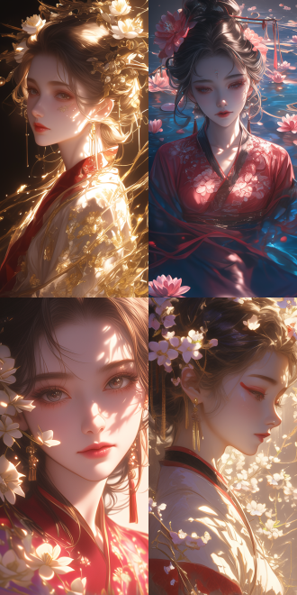 a beautiful rendering of the tang dynasty style. beautiful anime portrait of a woman. she stands in a dreamy scene. surrounded by light. flowers adorn her cheeks. gazing intently at the water surface. wearing a solemn robe. surrounded by soft shadows. the picture is full of drama. there is retro light and warm, bright white light.