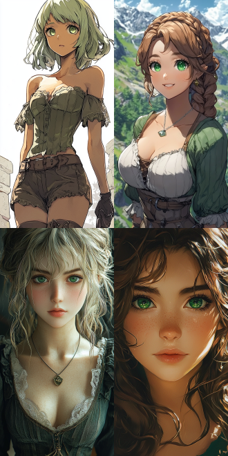 octopath voyager style theme. anime visual of a cute girl. with very detailed emerald green eyes.