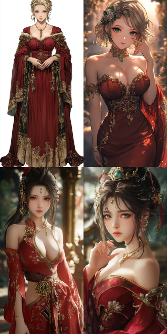 octopath voyager style theme. a dignified and mature yujie. her emerald eyes exude charming charm. 她有着健康的手和手指. wearing a red dance dress adorned with golden decorations and showing a small waist. 各种姿势. in the soft dawn light，没有扭曲的手指，没有残疾的手指