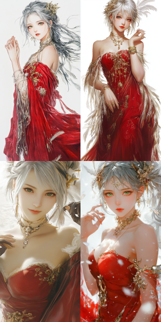 octopath voyager style theme. a dignified and mature yujie. her emerald eyes exude charming charm, silver hair with feather hair accessories. she has healthy hands and fingers. wearing a red dance dress adorned with golden decorations and showing a small waist. rich in poses. multi-layered textures. in the soft white light.