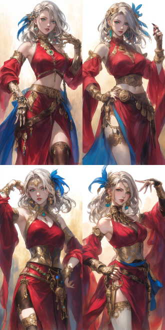 octopath voyager style theme. a dignified and mature yujie. emerald eyes, silver hair with feather hair accessories. she has healthy hands and fingers. wearing a red dance dress adorned with golden decorations and showing a small waist. rich in poses. multi-layered textures.