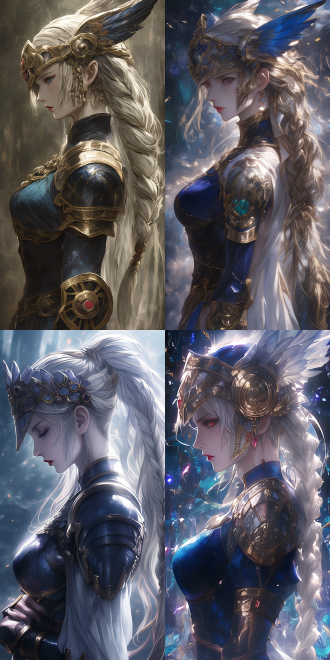 (octopath voyager style:1.8). valkyrie lenneth from game (valkyrie profile). her eyes are as bright as sapphires. silver-white long ponytail with valkyrie-style feather helmet. red lips slightly parted. wearing blue light armor and (white long dress). she has healthy hands and fingers. rich color.