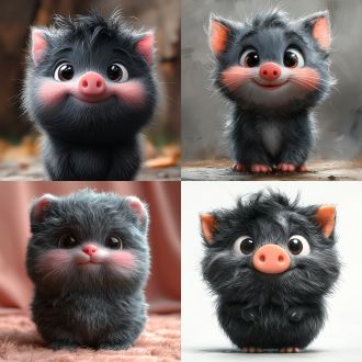 an animal with elements of a 灰色的 cat and a pig, cartoon style, rich in colors, 3d rendering, multi-layered textures, fluffy.