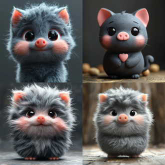 an animal with elements of a 灰色的 cat and a pig, cartoon style, rich in colors, 3d rendering, multi-layered textures, fluffy.