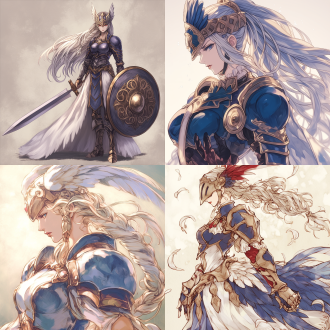 (octopath voyager style:1.5). valkyrie lenneth from game (valkyrie profile). her eyes are as bright as sapphires. silver-white long ponytail with valkyrie-style feather helmet. red lips slightly parted. wearing blue light armor and (white long dress). full-body she has healthy hands and fingers. rich color.