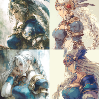 (octopath voyager style:1.5). valkyrie lenneth from game (valkyrie profile). her eyes are as bright as sapphires. silver-white long ponytail with valkyrie-style feather helmet. red lips slightly parted. wearing blue light armor and (white long dress). full-body she has healthy hands and fingers. rich color.
