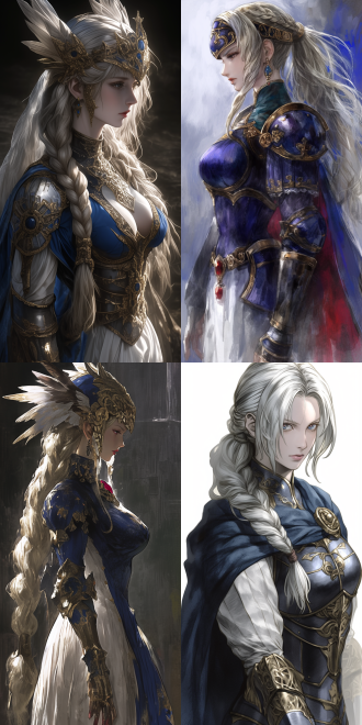 (octopath voyager style:3). valkyrie lenneth from game (valkyrie profile). her eyes are as bright as sapphires. silver-white long ponytail with (valkyrie-style feather helmet:2). red lips slightly parted. wearing blue light armor and (white long dress). full-body. she has healthy hands and fingers. rich color. soft light shines from the side. rich textures, dynamic lighting.