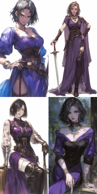 (octopath voyager 2 style:0.8). domineering lady assassin. cold expression, 迷人的红唇, oblique bangs, short black hair, wearing purple robes, 健康的手指, long legs. playing with a dagger. with a short sword on the waist.