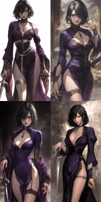 ((octopath voyager2 style)). dominating lady. cold expression, captivating red lips, slanted bangs, short black hair, wearing purple robes, healthy 干净 fingers, long legs. playing with a dagger, with a short sword at the waist.