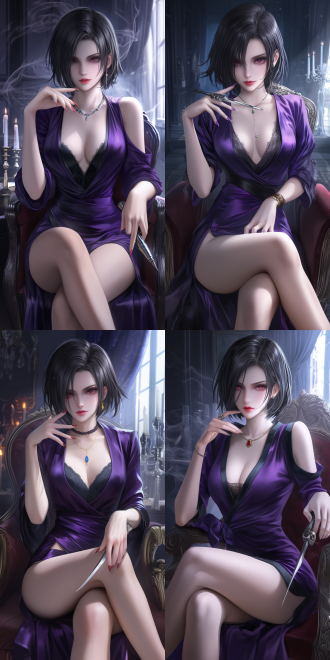 a dominating lady in the (style of octopath voyager 2). cold expression, captivating red lips, slanted bangs, short black hair. wearing purple robes. healthy 且 干净 fingers. long and charming legs. playing with a dagger. a short sword at the waist. in the castle banquet hall, against the light, rich colors.