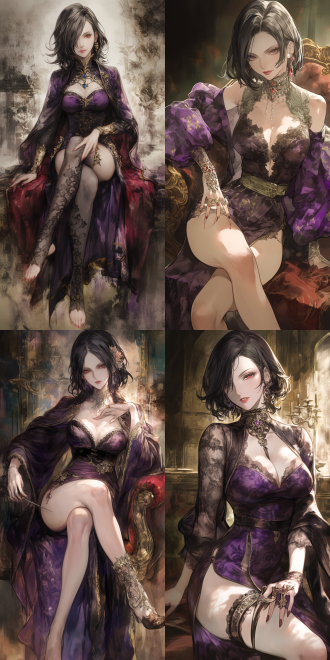 octopath voyager 2 style: 0.8. a dominating lady , cold expression, captivating red lips, slanted bangs, short black hair. wearing purple robes. healthy and clean fingers. long and charming legs. playing with a dagger. a short sword at the waist. in the ancient castle banquet hall, against the light, rich colors., in clothes,