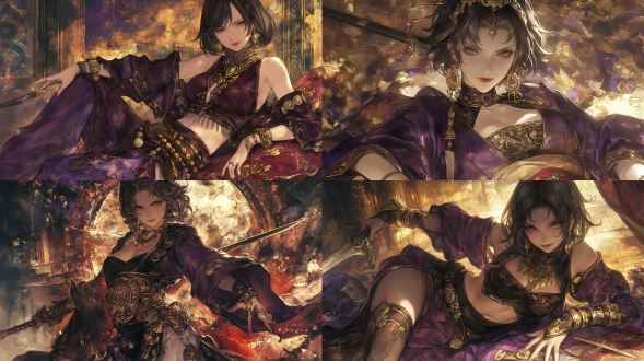 octopath voyager 2 style:3. a dominating lady , cold expression, captivating red lips, slanted bangs, short black hair. wearing purple robes. healthy and clean fingers. long and charming legs. playing with a dagger. a short sword at the waist. in the ancient castle banquet hall, against the light, rich colors.,