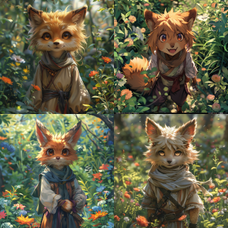 in the picture is rakushun from the twelve kingdoms. his cute face has an innocent smile, big eyes shining with a lively light, and his furry ears stand up playfully. he is wearing simple and delicate clothes and standing on a green and flower - filled meadow. the overall style is delicate, fantastical and warm.