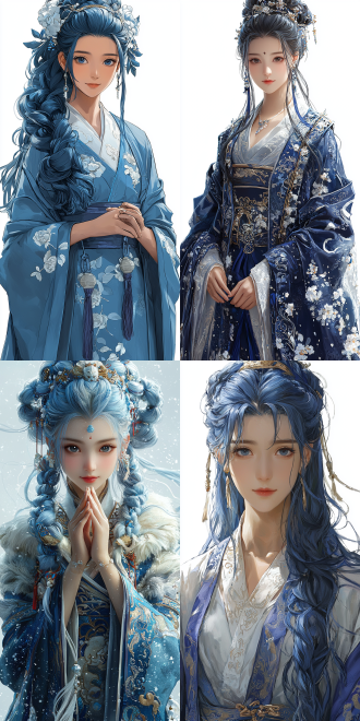 in the style of smooth anime cg art, there is a demure beauty with elaborately coiled blue-and-white long hair. she is wearing gorgeous tang dynasty clothing with realistic fur details. her fingers are healthy and clean. it's a half-body portrait with bright colors and delicate brushstrokes.,