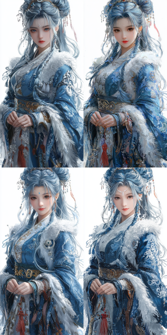 in the style of smooth anime cg art, there is a demure beauty with elaborately coiled blue-and-white long hair. she is wearing gorgeous tang dynasty clothing with realistic fur details. her fingers are healthy and clean. it's a half-body portrait with bright colors and delicate brushstrokes.,