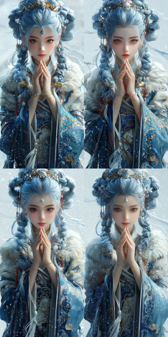 in the style of smooth anime cg art, there is a demure beauty with elaborately coiled blue-and-white long hair. she is wearing gorgeous tang dynasty clothing with realistic fur details. her fingers are healthy and clean. it's a half-body portrait with bright colors and delicate brushstrokes.,