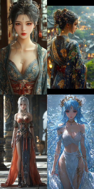 a beautiful rendering of the tang dynasty style. (anime cgi style)::0.8. depict a beauty with blue hair, silver - gold - red details. the dress is made of silk and gossamer, with a floating and shiny texture. (healthy, normal fingers). the picture has low saturation and uses local illumination.