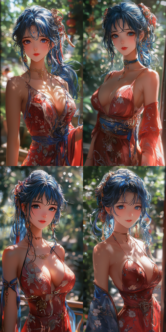 a beautiful rendering of the tang dynasty style. (anime cgi style). depict a beauty with blue hair, silver - gold - red details. the dress is made of silk and gossamer, with a floating and shiny texture. (healthy, normal fingers). the picture has low saturation and uses local illumination.