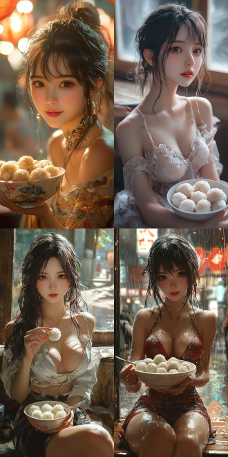 combining the style of persona 5 and dong yuan's painting style, presenting a smooth anime cgi effect. the picture is composed in the rule of thirds, featuring a close-up of a lady as elegant as tifa lockhart. she is sitting on a bench, happily eating 一碗汤圆. the warm indoor light creates the atmosphere of the lantern festival. the picture is in bright colors, with a slow shutter effect, showing a sense of enjoyment.