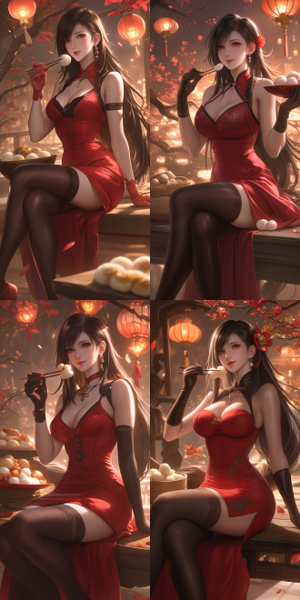 combining the style of persona 5 and dong yuan's painting style, presenting a smooth anime cgi effect. the picture is composed in the rule of thirds, featuring a close-up of a lady as elegant as tifa lockhart. she is sitting on a bench, happily eating 一碗汤圆. the warm indoor light creates the atmosphere of the lantern festival. the picture is in bright colors, with a slow shutter effect, showing a sense of enjoyment.