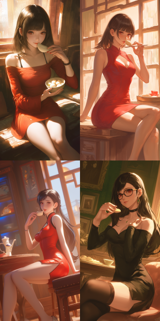 combining the style of persona 5 and dong yuan's painting style, presenting a smooth anime cgi effect. the picture is composed in the rule of thirds, featuring a close-up of a lady as elegant as tifa lockhart. she is sitting on a bench, happily eating 一碗 tangyuan. 健康干净的手指, the warm indoor light creates the atmosphere of the lantern festival. the picture is in bright colors, with a slow shutter effect, showing a sense of enjoyment.