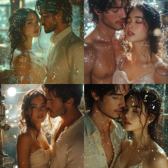 shot with the camera rotated 35 degrees. in a space scene full of a sense of technology in admin cgi style, a handsome man gently holds an attractive oriental woman from behind and their lips are touching. the woman has her mouth slightly open, with dreamy, shy and intoxicated eyes. she is wearing a plain cotton dress, and the skirt flutters to reveal her long legs. shining technological lines and space stars surround them. the picture has rich colors and hazy light.