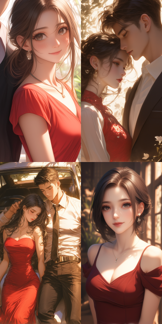 draw a head - to - shoulder couple portrait in smooth anime cg art style. there is a chinese female in the picture. she is wearing a red dress, with delicate makeup. there is also a male in the picture. the overall color tone is dark orange, and the characters are lifelike.