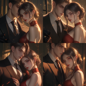 draw a head - to - shoulder couple portrait in japanese anime cgi style that incorporates elements of (spy x family). in the picture, the chinese female has delicate makeup and is wearing a red dress, while the male is dressed in a sharp suit. the dark orange color tone dominates the picture, with good lighting and shadow effects. the characters have warm expressions.