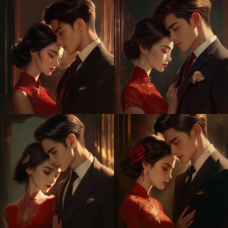 draw a head - to - shoulder couple portrait in japanese anime cgi style that incorporates elements of (spy x family). in the picture, the chinese female has delicate makeup and is wearing a red dress, while the male is dressed in a sharp suit. the dark orange color tone dominates the picture, with good lighting and shadow effects. the characters have warm expressions.